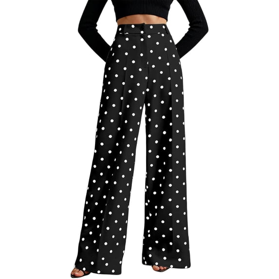 QHFBli Women's Polka Dots Wide Leg Pants Elastic Waist Baggy Trousers