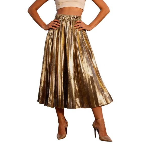 QHFBli Women's Metallic Shiny Shimmer Accordion Pleated Long Maxi Skirt