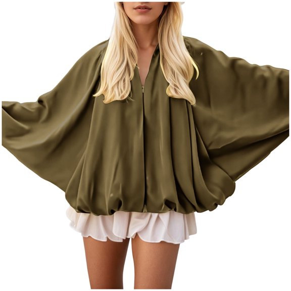 QHFBli Women's Puffed Bomber Jacket Oversized Streetwear Casual Batwing Sleeve Lapel Collar Zip Front Pleated Shirts