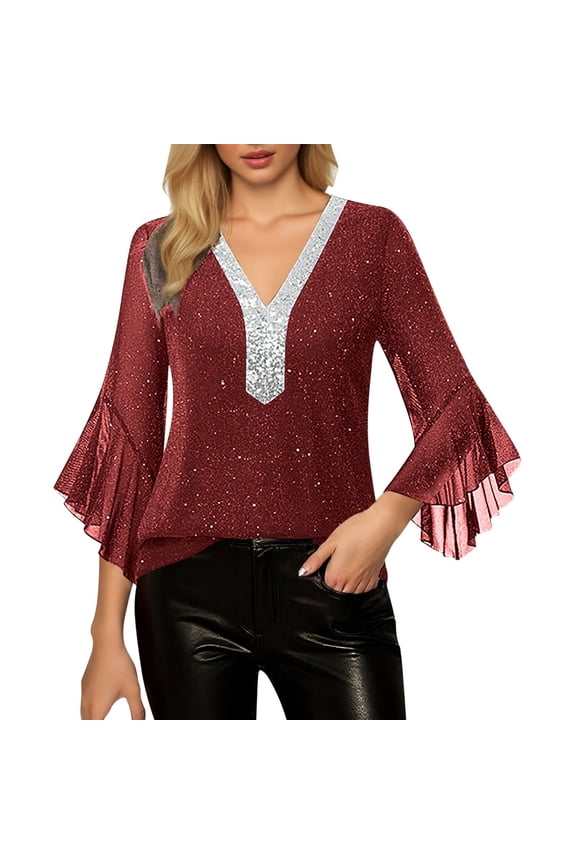 Women's Ruffle 3/4 Sleeve Sparkly Tops Sequin V Neck Blouses Dressy Fall Shirts
