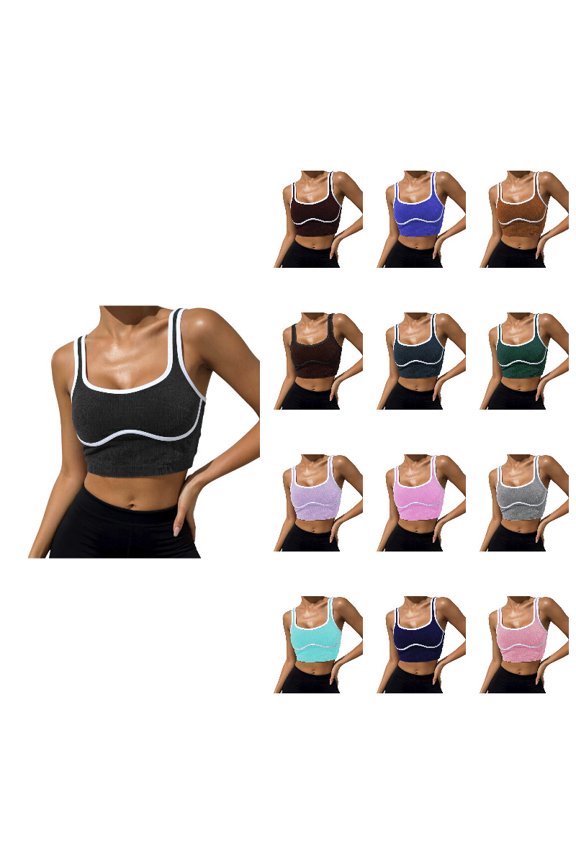 Women's Seamless Ribbed Sports Bras, Color Block Trim Workout Crop Tops, Medium Support Yoga & Running Tank Tops Grey XS