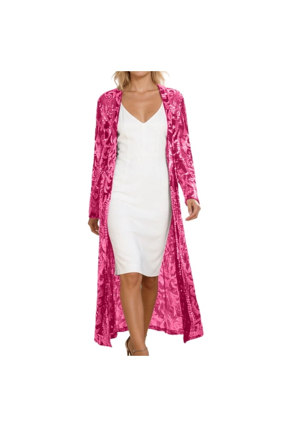 Women's Sequin Cardigan Long Sleeve Open Front See Through Evening Coats Summer Cover Up Dress