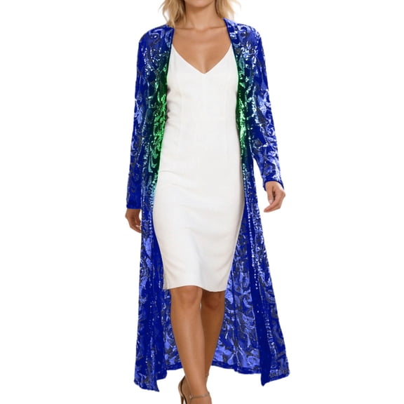 QHFBli Women's Sequin Cardigan Long Sleeve Open Front See Through Evening Coats Summer Cover Up Dress