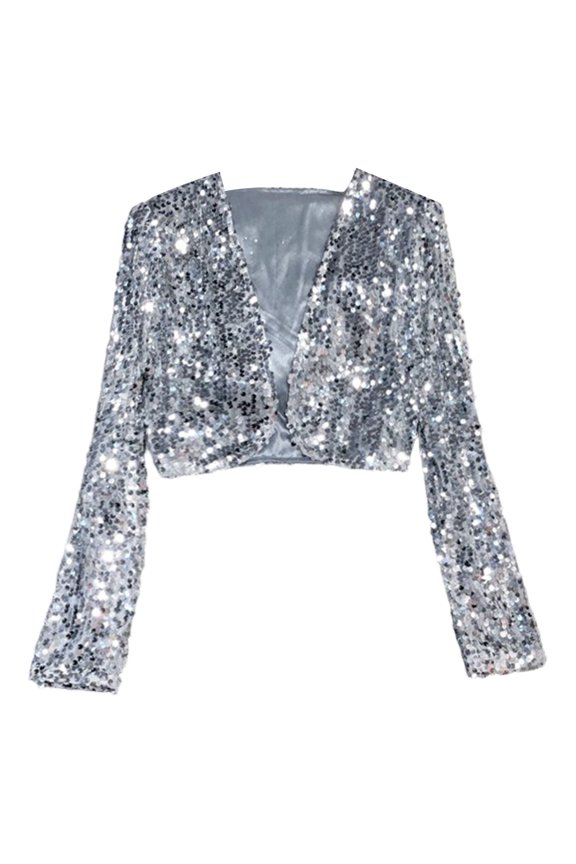 Women's Sequin Shrug Bolero Long Sleeve Open Front Party Sparkly Cropped Cardigan Glitter Shiny Jackets