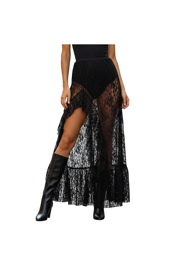 Women's Sexy See Through Sheer Lace Maxi Skirt Low Waist Ruffle Hem A Line Flowy Skirt