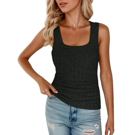 QHFBli Women's Square Neck Ribbed Ruched Tank Tops Summer Casual Sleeveless Slim Fit Ribbed Knit Tops