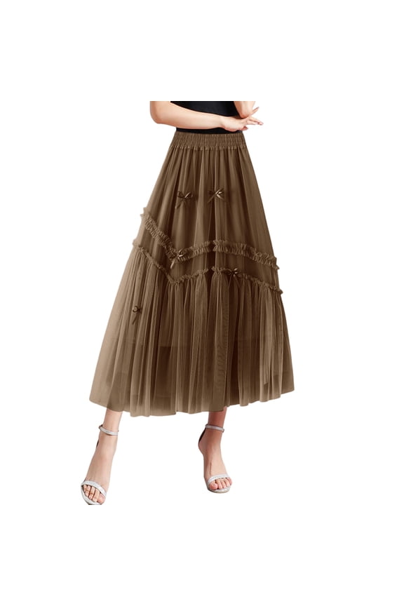 Women's Tulle Skirt Stretch High Waist Lace Hollow Solid A-Line Casual Midi Skirts