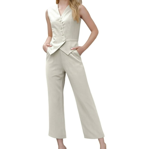 QHFBli Womens 2 Piece Outfits Crop Vest and Wide Leg Suit Pants Sets V Neck Blazer Suit