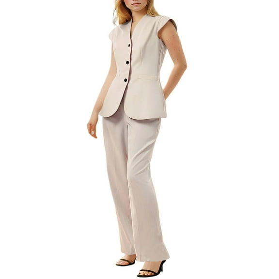QHFBli Womens 2 Piece Outfits Crop Vest and Wide Leg Suit Pants Sets V Neck Blazer Suit