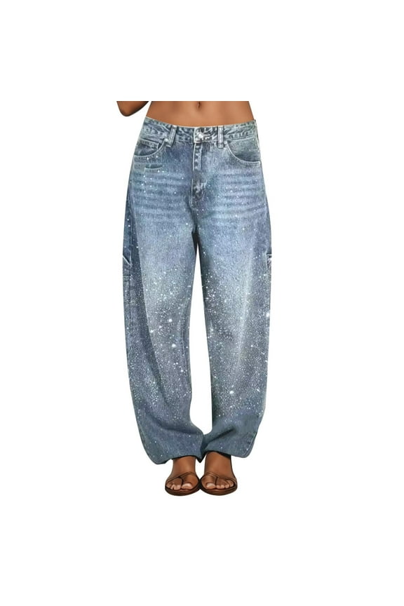 Womens High Waisted Rhinestone Jeans Straight Chic Wide Leg Bling Black Denim Pants Teen Girls Loose Fit Pearl Jeans