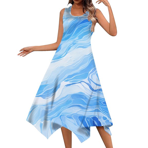 QHFBli Womens Casual Summer Dress Sleeveless Sundress Hankerchief Hem Midi Tank Dresses Beach Dress with Pockets