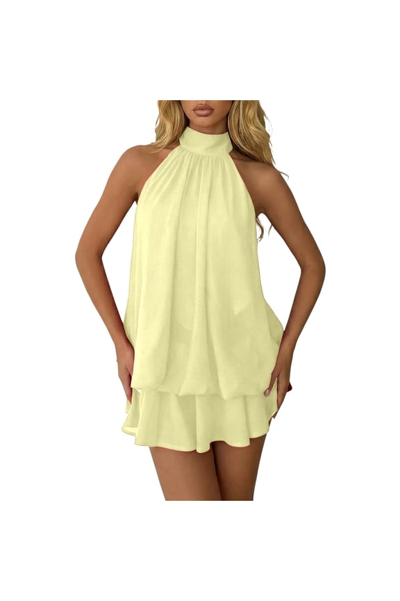 Womens Chiffon Halter Dresses Summer Flowy Casual Drop Waist Backless Wedding Guest Ruffle Mini Dress Brunch Outfits