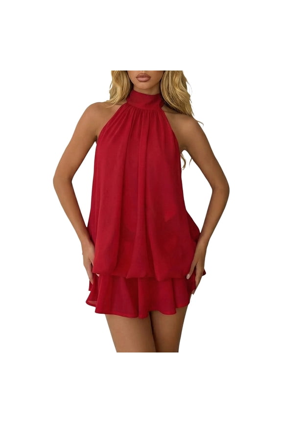 Womens Chiffon Halter Dresses Summer Flowy Casual Drop Waist Backless Wedding Guest Ruffle Mini Dress Brunch Outfits