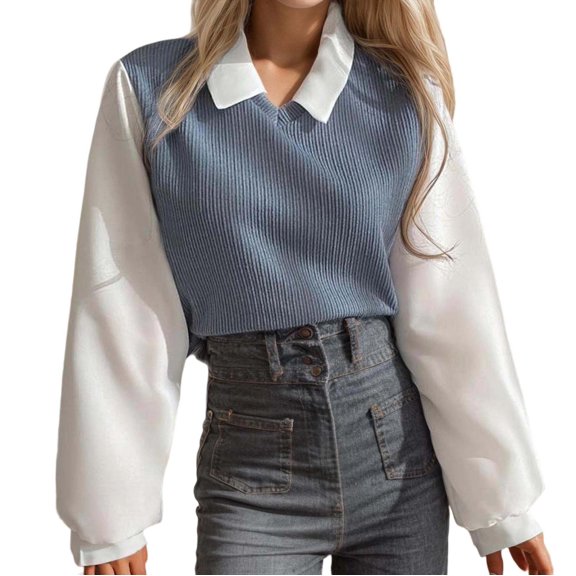 QHFBli Womens Collar Long Sleeve Shirt Ribbed Knit 2 in 1 Blouse Crop Top Sweater Shirt Top