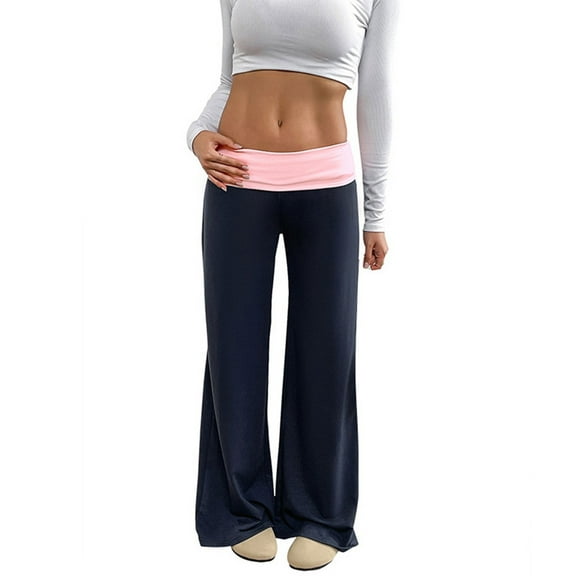 QHFBli Womens Colorblock Foldover Waist Yoga Pants Low Waisted Wide Leg Sweatpants