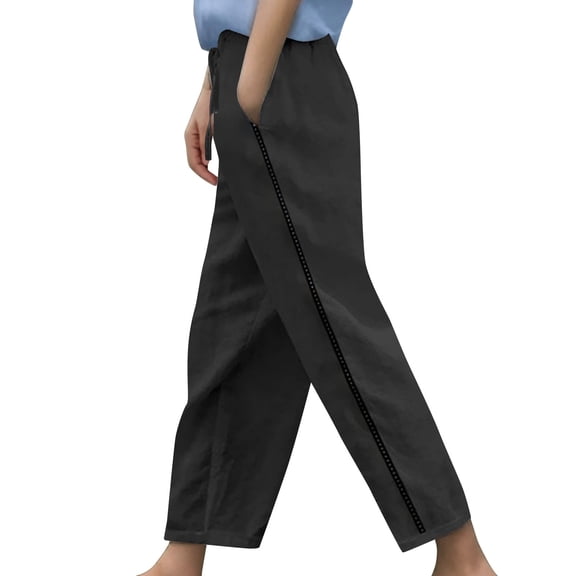 QHFBli Womens Cotton Linen Pants Summer Casual Loose Elastic High Waisted Wide Leg Beach Trousers with Pockets