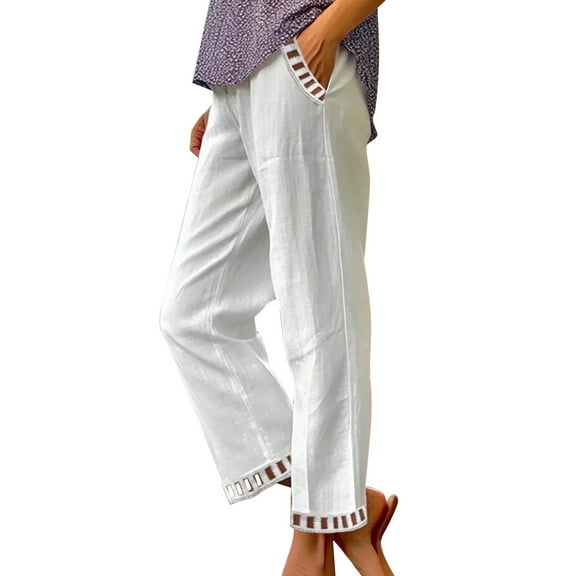 QHFBli Womens Cotton Linen Pants Summer Casual Loose Elastic High Waisted Wide Leg Beach Trousers with Pockets