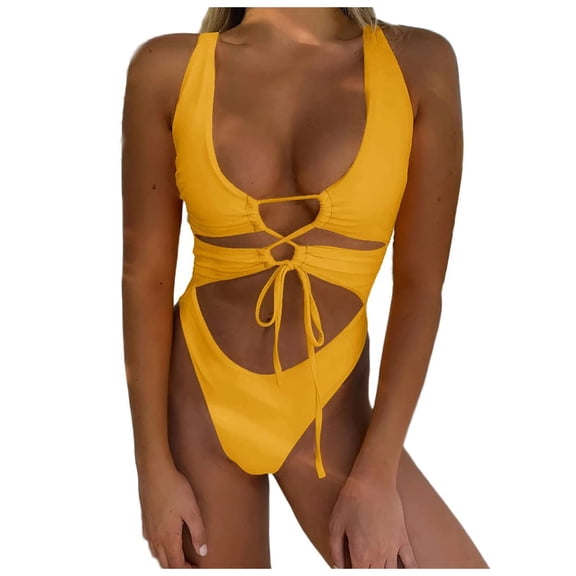 QHFBli Womens Cutout Lace Up Backless High Cut One Piece Swimsuit Monokini