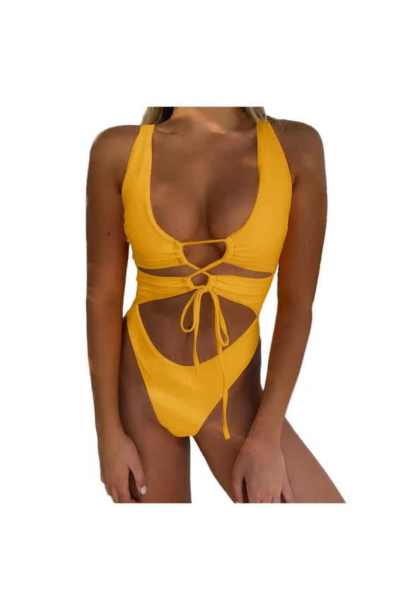 Womens Cutout Lace Up Backless High Cut One Piece Swimsuit Monokini