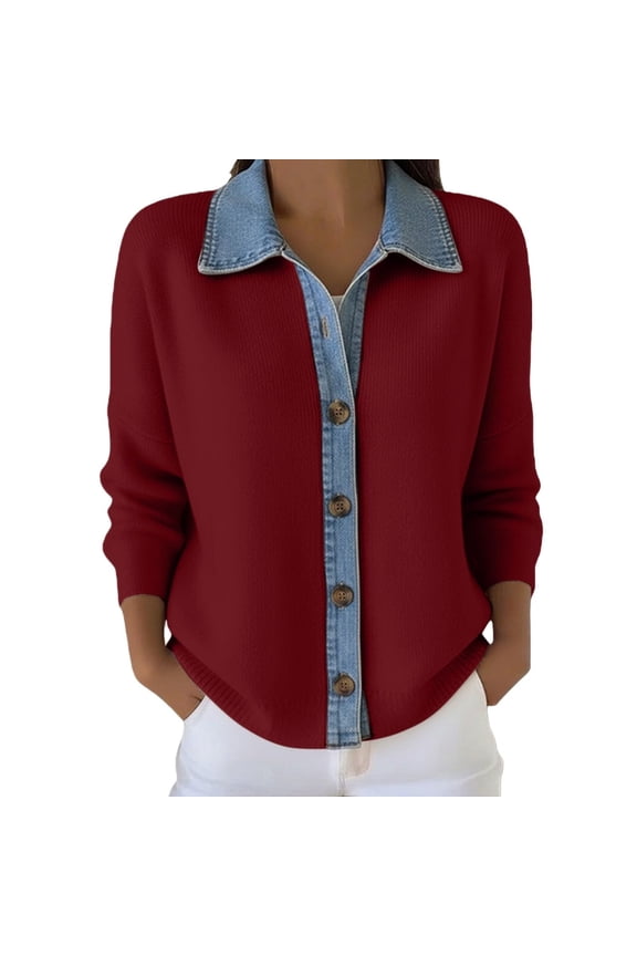Womens Denim Patchwork Cardigan Button Down Sweater Long Sleeve V Neck Bussiness Fall Winter Cardigan