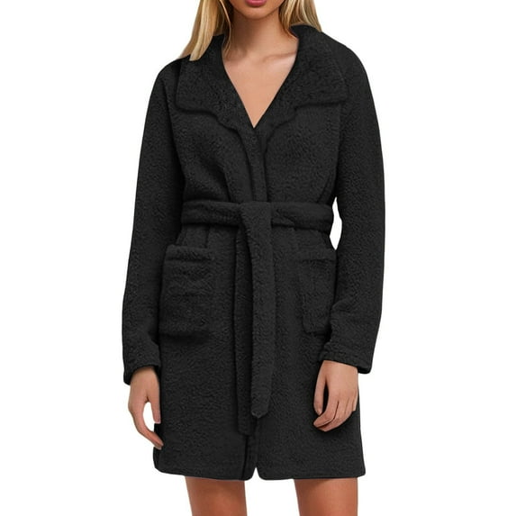 QHFBli Womens Fuzzy Robe Mid Length Bathrobe Belted Soft Bath Robes Plush Kimono Robe with Pockets Fall Winter Spa Robes