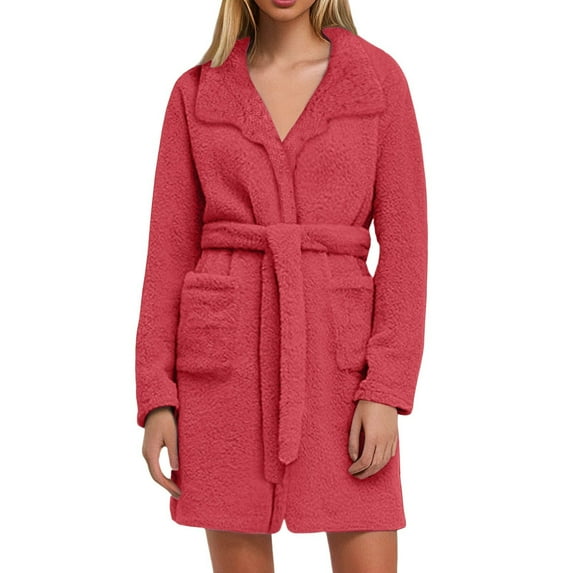 QHFBli Womens Fuzzy Robe Mid Length Bathrobe Belted Soft Bath Robes Plush Kimono Robe with Pockets Fall Winter Spa Robes