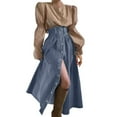 thumbnail image 1 of QHFBli Womens High Waist Long Denim Skirt Button Down Swing A-Line Jean Maxi Skirt with Pockets, 1 of 8