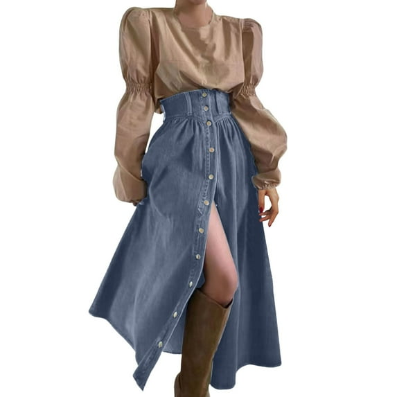 QHFBli Womens High Waist Long Denim Skirt Button Down Swing A-Line Jean Maxi Skirt with Pockets