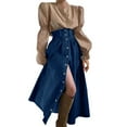 thumbnail image 1 of QHFBli Womens High Waist Long Denim Skirt Button Down Swing A-Line Jean Maxi Skirt with Pockets, 1 of 7