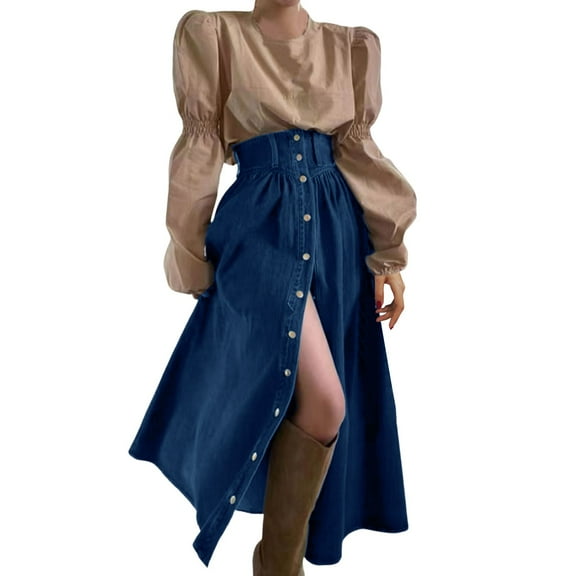 QHFBli Womens High Waist Long Denim Skirt Button Down Swing A-Line Jean Maxi Skirt with Pockets