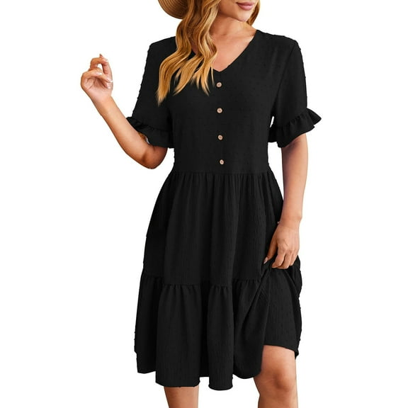 QHFBli Womens Lapel Button Front Summer Dresses Knee Length Flattering Loose Fitting Casual Dresses