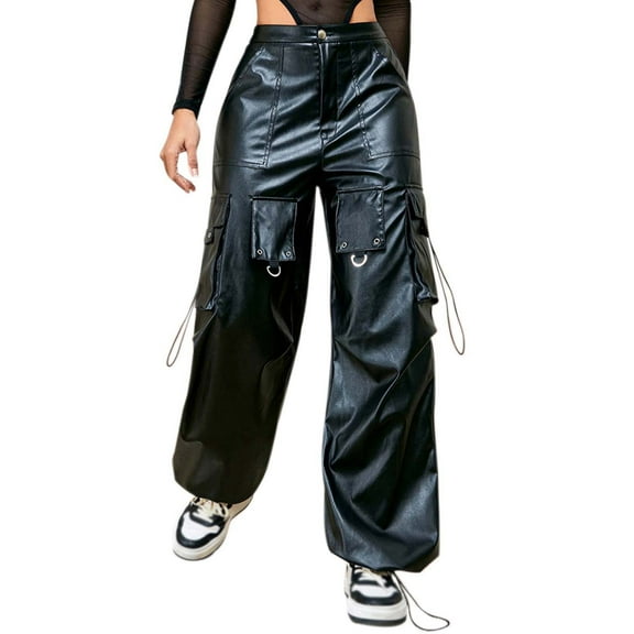 QHFBli Womens Leather Cargo Pants Baggy High Waist Wide Leg Trousers