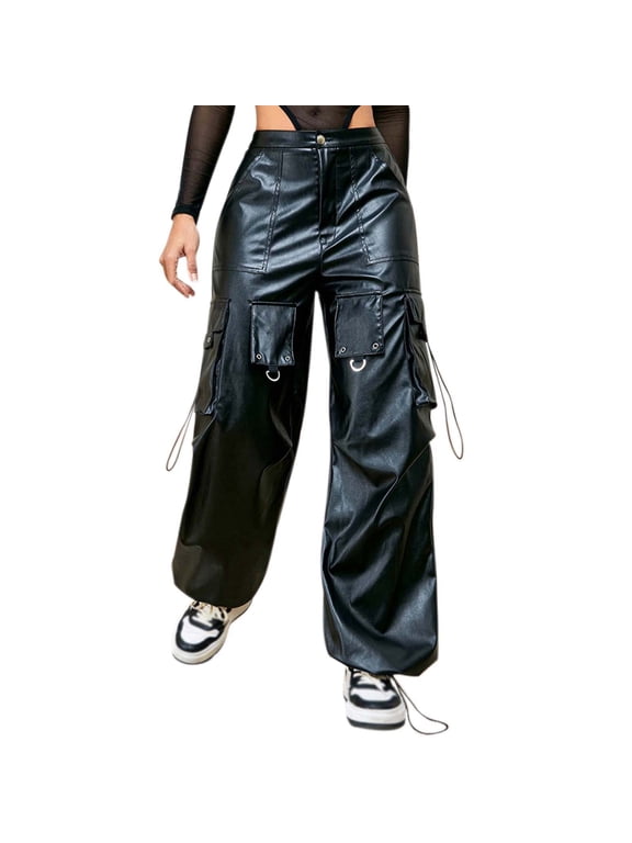 Womens Leather Cargo Pants Baggy High Waist Wide Leg Trousers