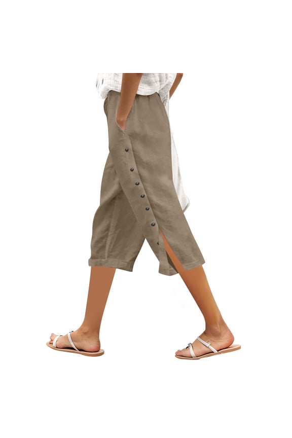 Womens Linen Summer Palazzo Pants Flowy Wide Leg Beach Pants with Pockets
