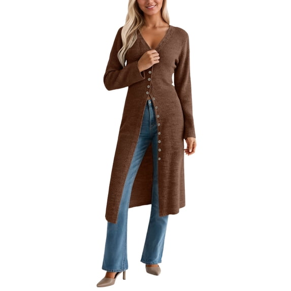QHFBli Womens Long Cardigan Sweaters Oversized Bell Sleeve Open Front Button Down Casual Knit Fall Midi Dress