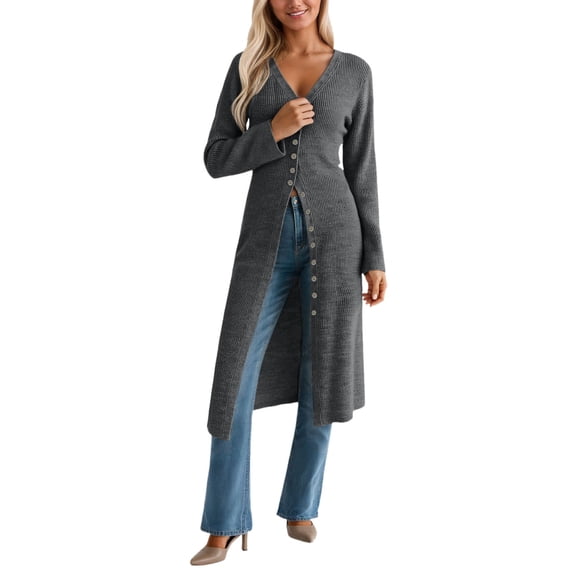 QHFBli Womens Long Cardigan Sweaters Oversized Bell Sleeve Open Front Button Down Casual Knit Fall Midi Dress