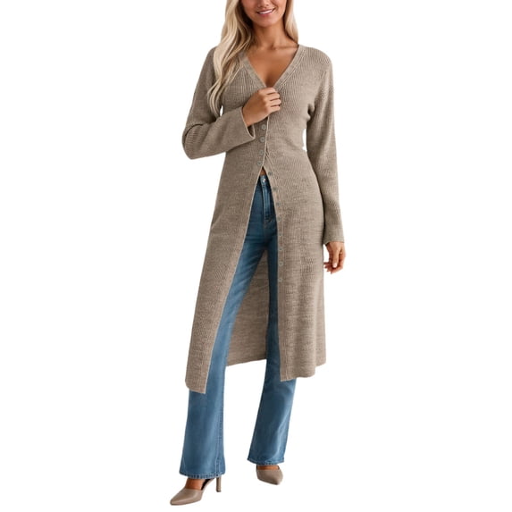 QHFBli Womens Long Cardigan Sweaters Oversized Bell Sleeve Open Front Button Down Casual Knit Fall Midi Dress