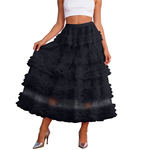QHFBli Womens Long Maxi Tulle Skirts A Line Ruffle High Waisted Tiered Layered Mesh Tutu Skirt Petticoat