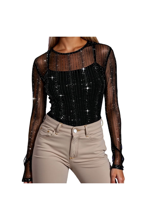 Womens Mesh Sheer Sparkly Tops Long Sleeve Glitter Sequin Shirts Bodycorn See Through Evening Party Clubwear Blouses