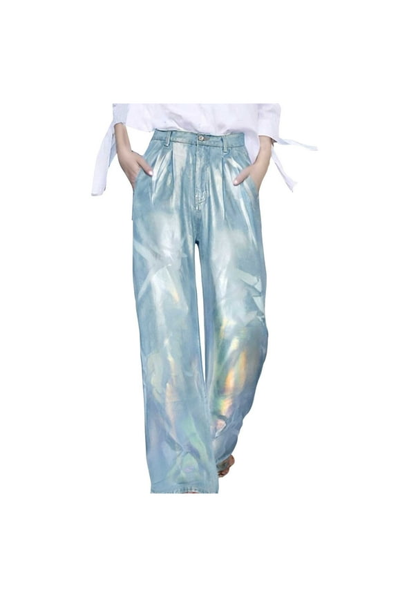 Womens Metallic Mid Rise Silver Jeans Straight Fit Gold Plating Denim Pants