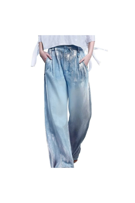 Womens Metallic Mid Rise Silver Jeans Straight Fit Gold Plating Denim Pants