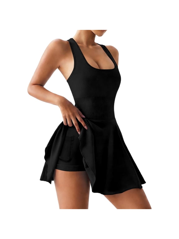 Womens Mini Tennis Dresses Skort Summer Sleeveless One Piece Workout Romper Dress with Shorts Athletic 2026 Outfit