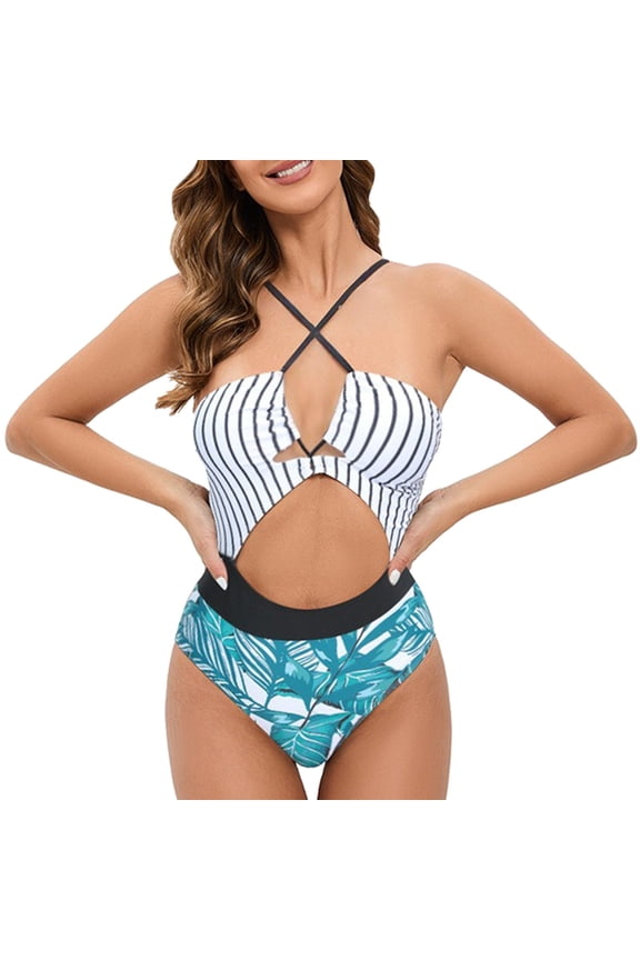 Womens One Piece Swimsuit Plunge Neckline Cutout Criss Cross Bathing Suit