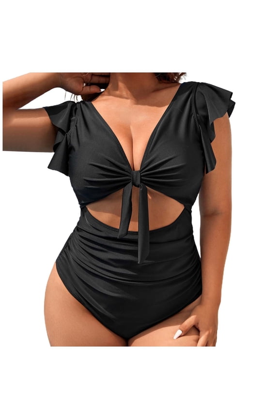 Womens One Piece Swimsuit Ruched Tummy Control High Cut Backless V Neck Bathing Suits Swimwear