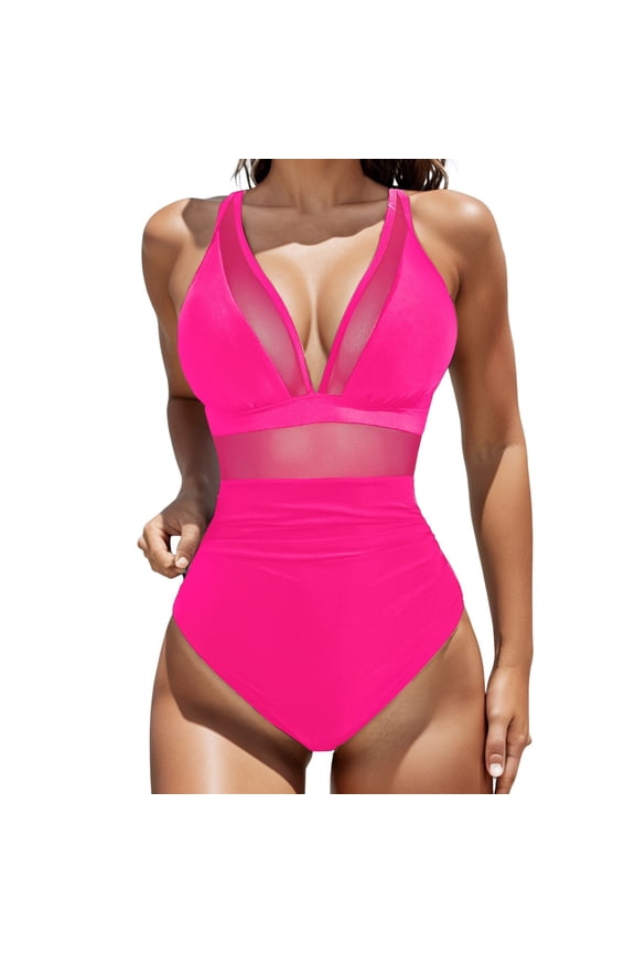 Womens One Piece Swimsuit Solid Color Mesh Backless Sexy Bikini Swimsuit
