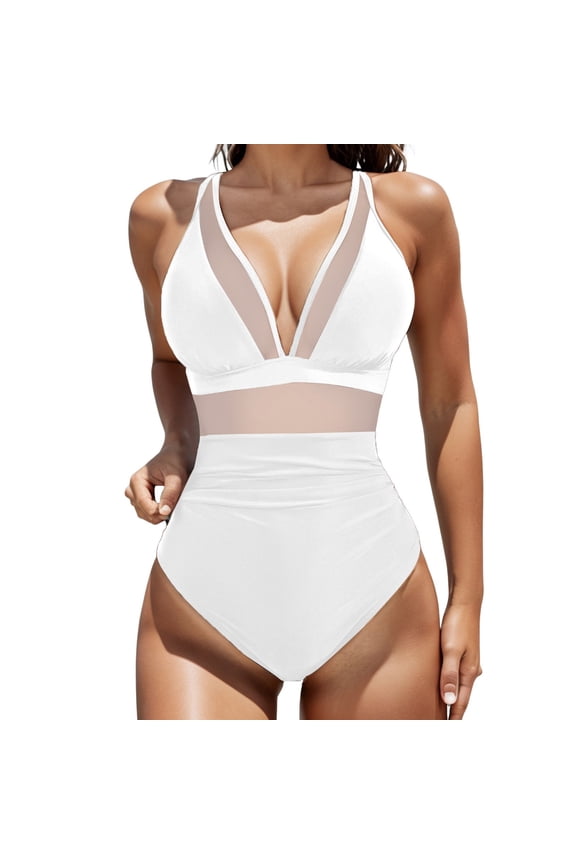 Womens One Piece Swimsuit Solid Color Mesh Backless Sexy Bikini Swimsuit