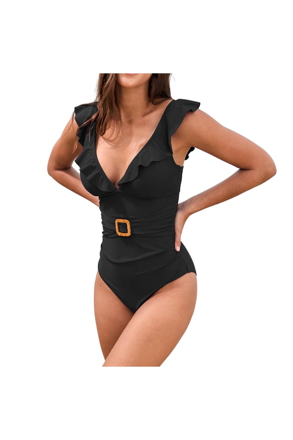 Womens One Piece Swimsuit Solid Color Tethered Back Swimsuit Peplum Belt Swimsuit