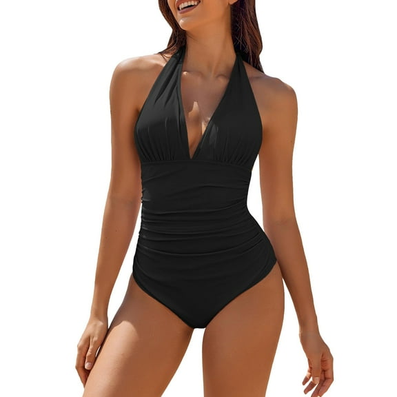 QHFBli Womens One Piece Swimsuit Women's Deep V Neck Swimsuits Wrap Tie Bathing Suit High Waisted 1 Piece Swimsuit