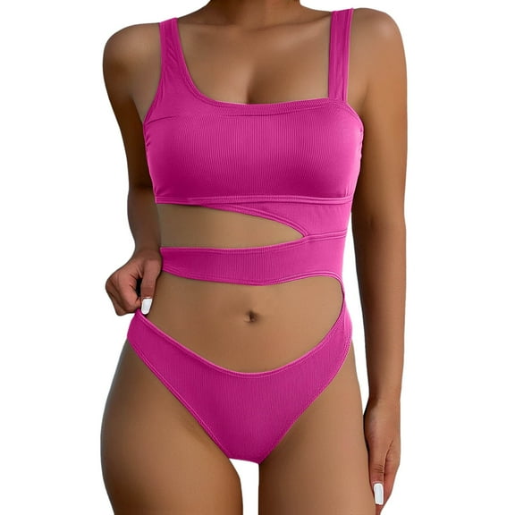QHFBli Womens One Piece Swimsuit Women's Summer Fashion Suspender Waist Hollow One Swimsuit Solid Color Sexy Bikini Swimsuit