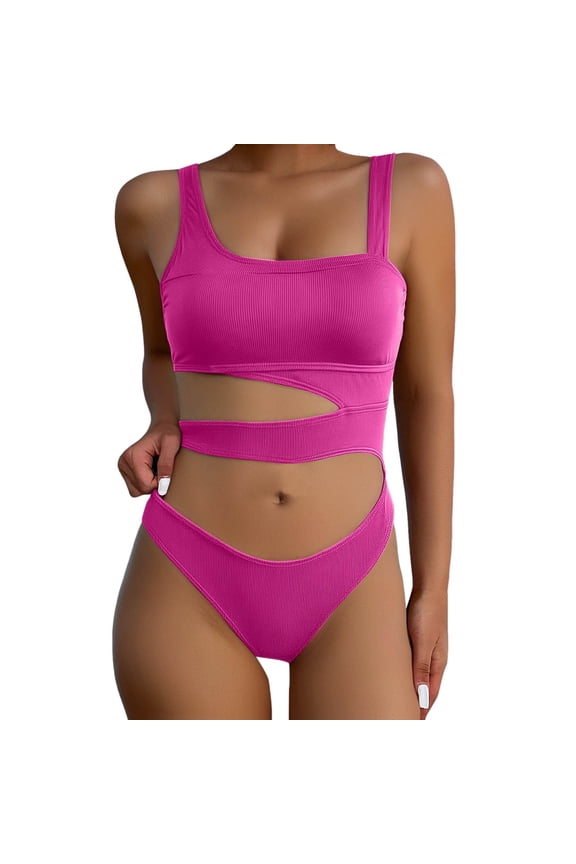 Womens One Piece Swimsuit Women's Summer Fashion Suspender Waist Hollow One Swimsuit Solid Color Sexy Bikini Swimsuit